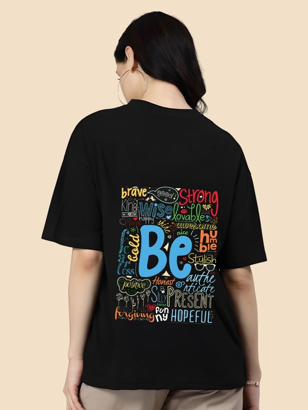

SZN Women Typography Printed Round Neck Cotton Oversized T-shirt, Black