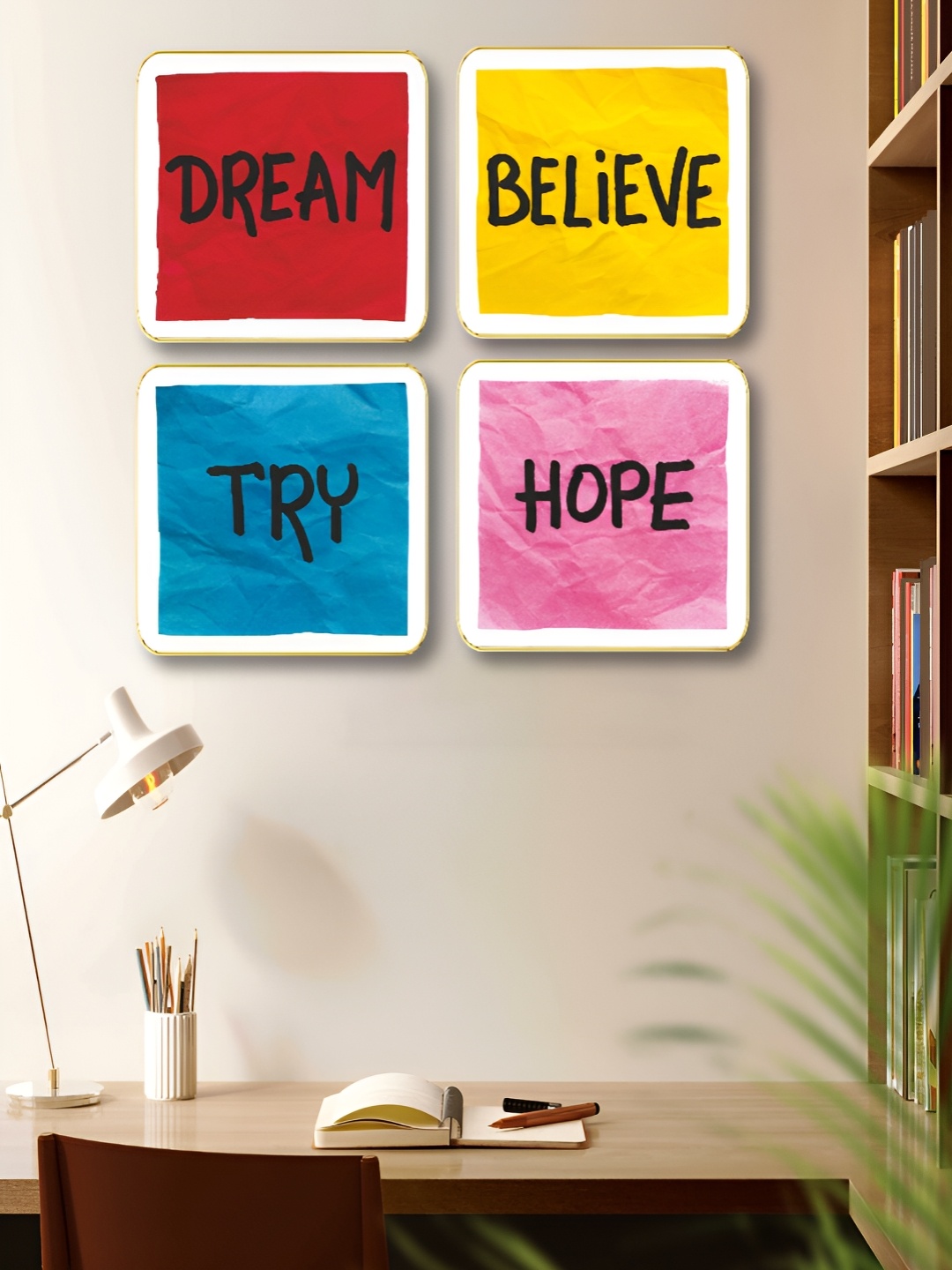 

Myntra Elegant Homes Red & Blue 4 Pieces Motivational Quotes Wood Wall Art