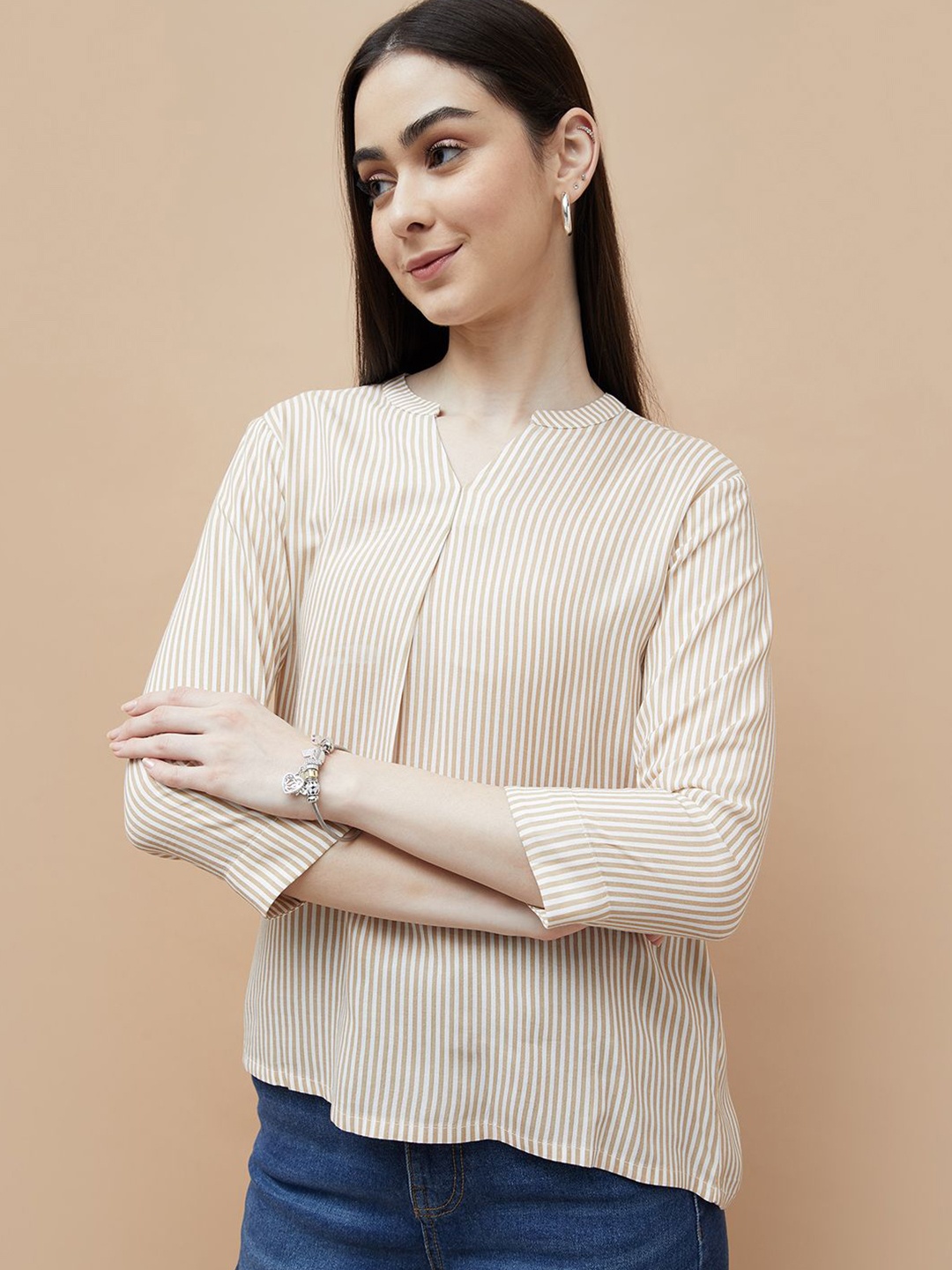 

Fame Forever by Lifestyle Women Striped Mandarin Collar Top, Off white
