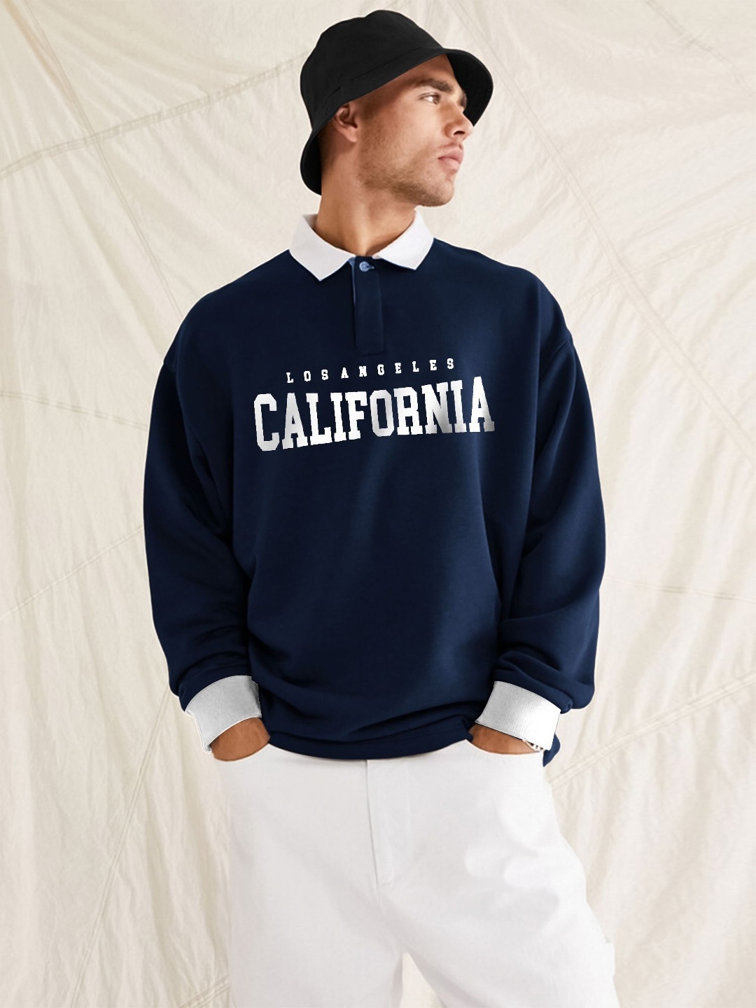 

JUMPCUTS Men Typography Printed Polo Collar Cotton T-shirt, Navy blue