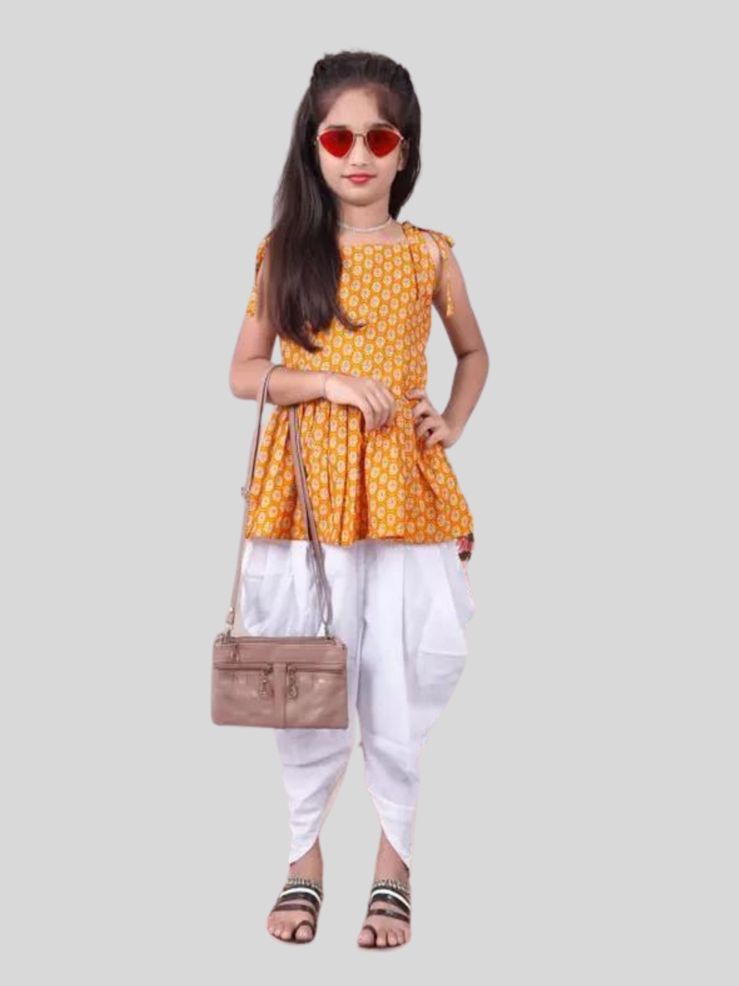 

Aarya Designer Girls Ethnic Motifs Printed Round Neck Pleated Kurta with Dhoti Pants, Orange