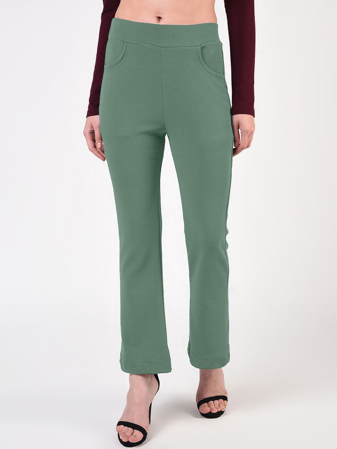 

FLOREOS Women Textured Comfort Wrinkle Free Trousers, Sea green