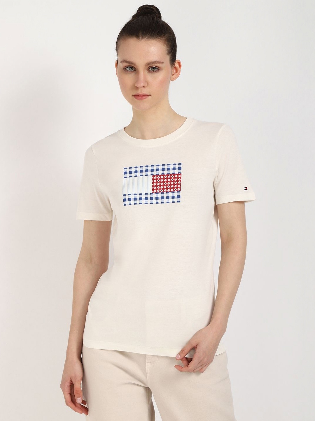 

Tommy Hilfiger Women Graphic Printed Round Neck Cotton T-shirt, Off white