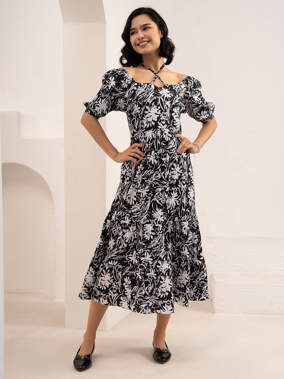 

AASK Floral Print Halter Neck Puff Sleeve Crepe Fit & Flare Midi Dress, Black