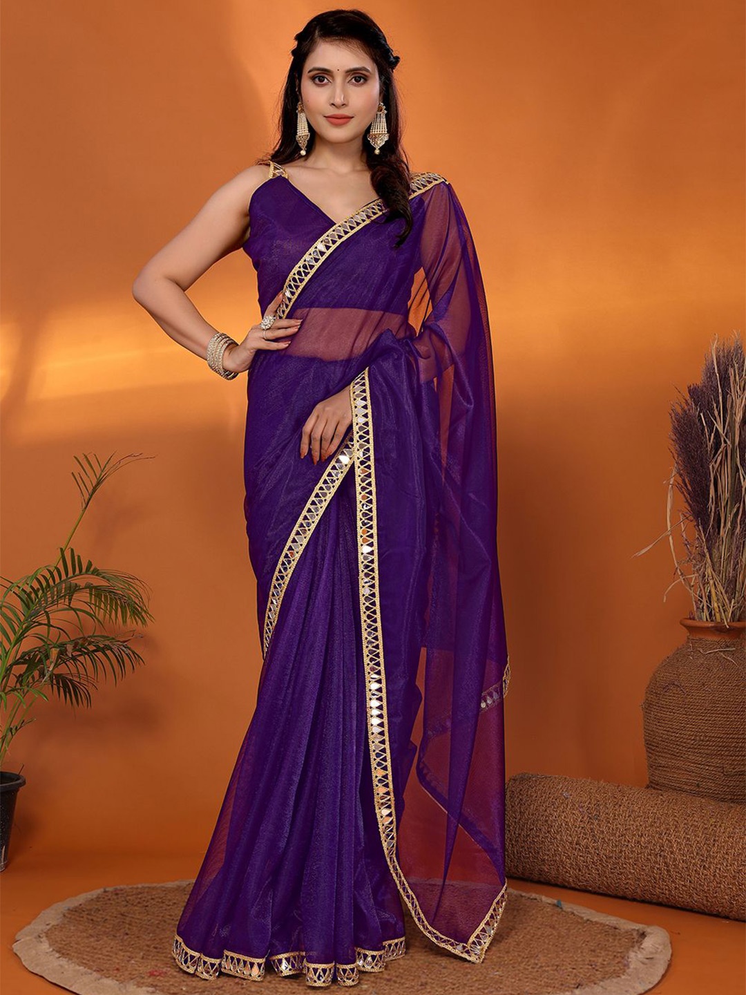 

FABMORA Mirror Work Organza Saree, Purple