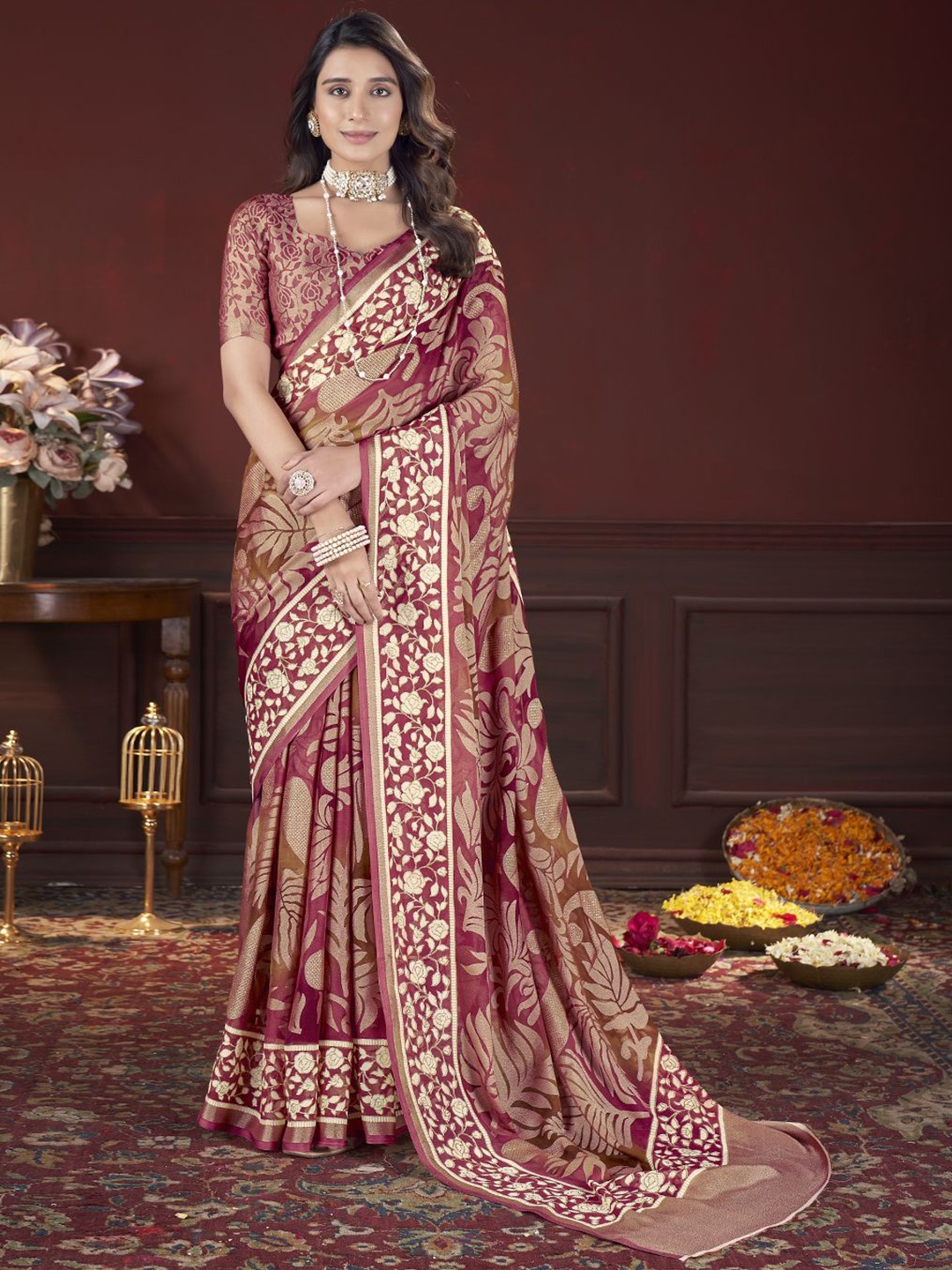 

all about you Floral Printed Zari Brasso Saree, Magenta