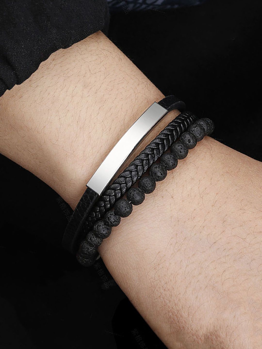 

Jewels Galaxy Men Leather Silver-Plated Artificial Beads Bracelet, Black
