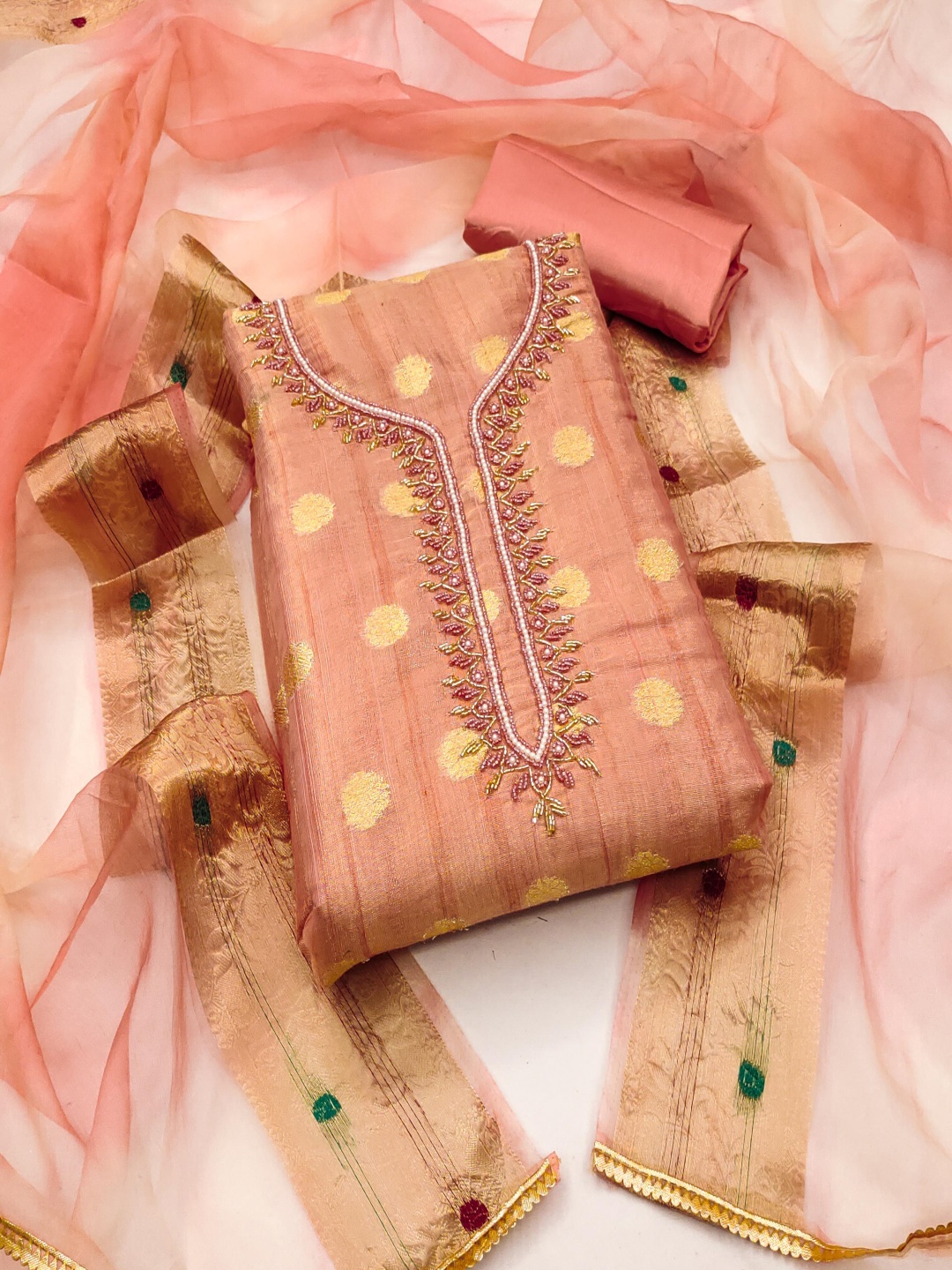 

Blissta Embellished Unstitched Dress Material, Peach