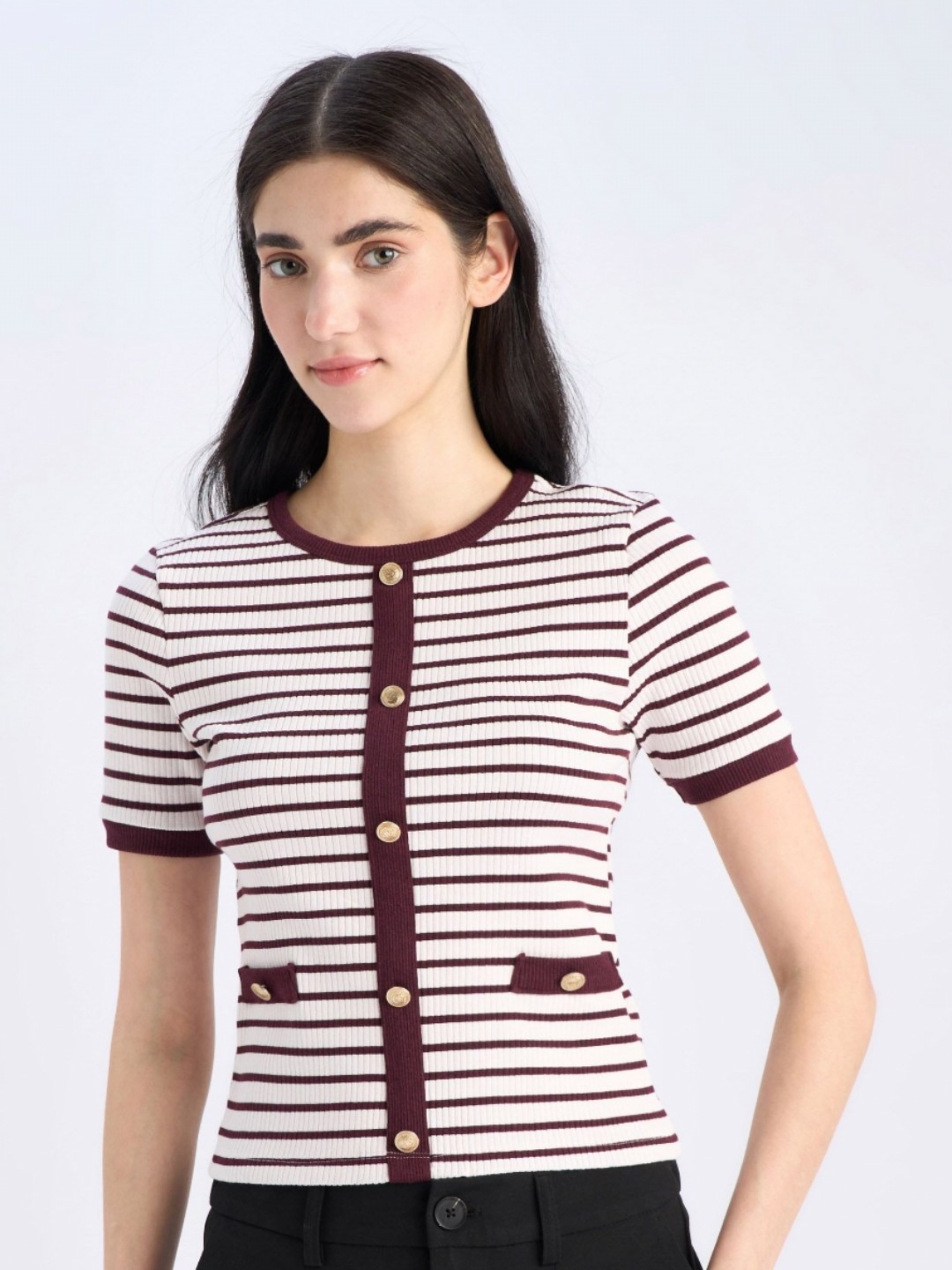 

DeFacto Women Striped Henley Neck T-shirt, Off white