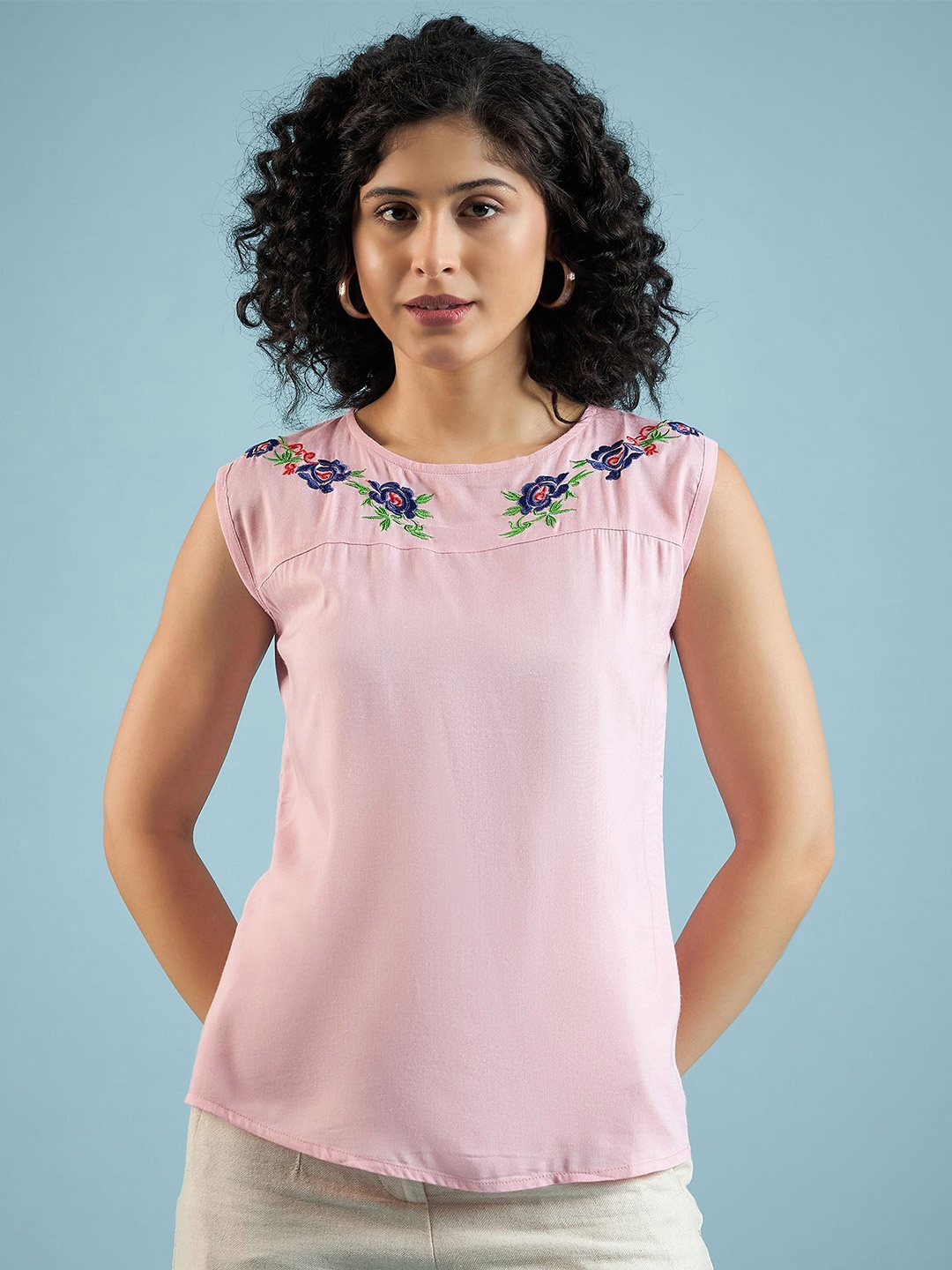 

DressBerry Women Floral Embroidered Top, Peach