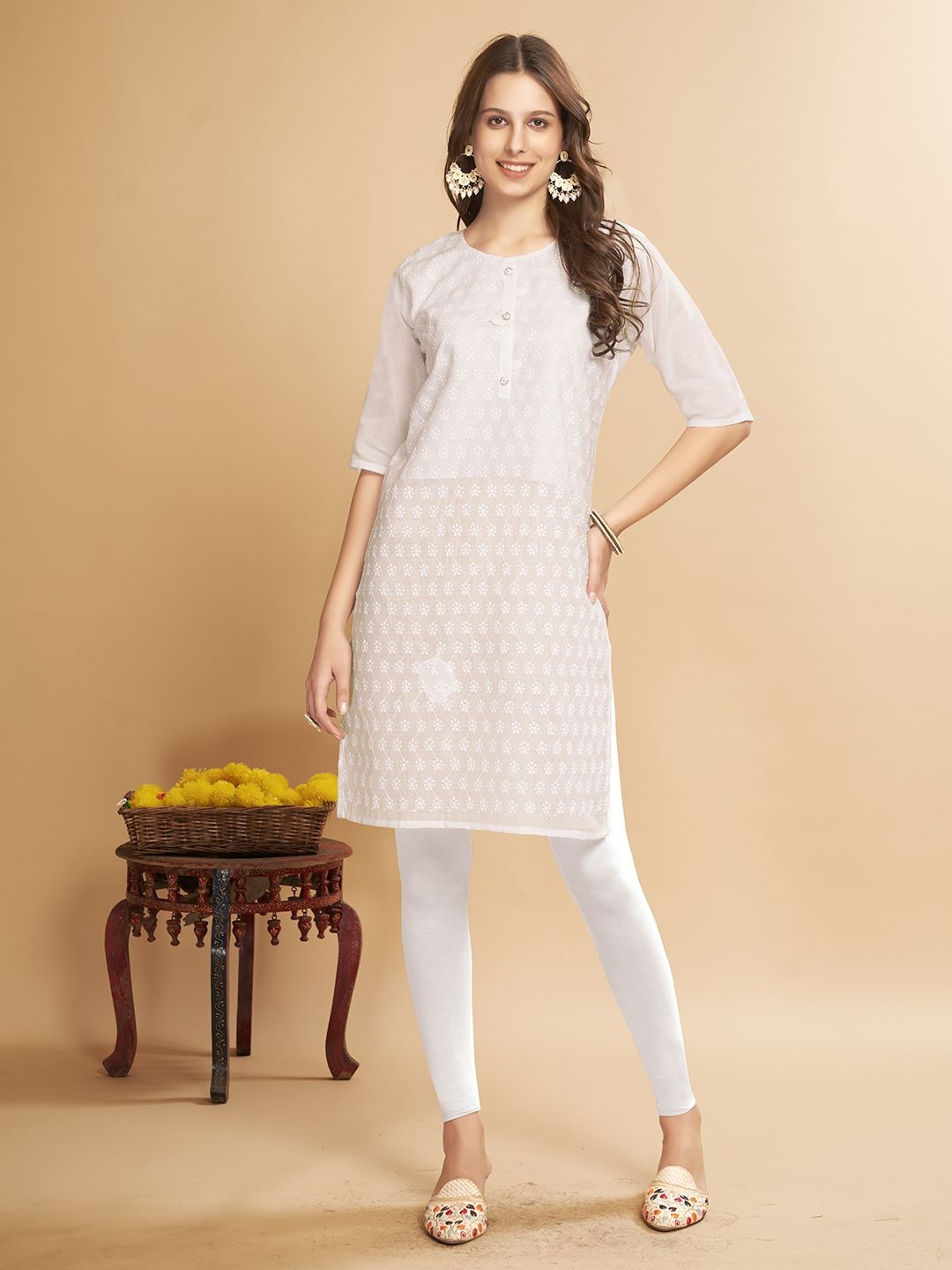 

Anouk Rustic Women Ethnic Motifs Embroidered Chikankari Block Print Kurta, White