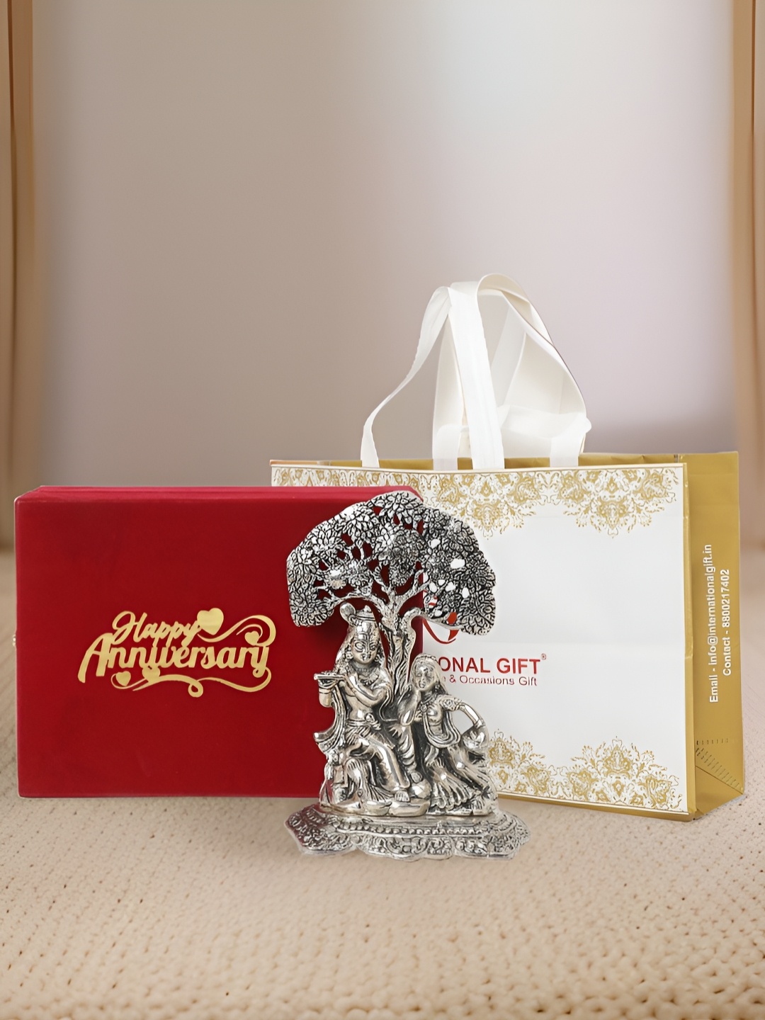 

INTERNATIONAL GIFT Silver-Toned Radha Krishna Religious Idol Showpiece