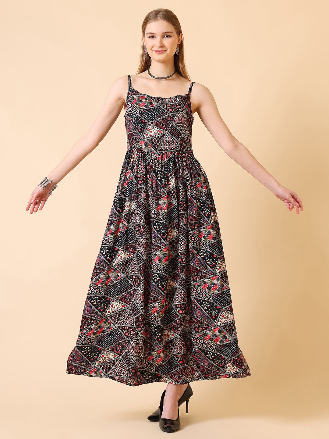 

CORSICA Colourblocked Print A-Line Maxi Dress, Black