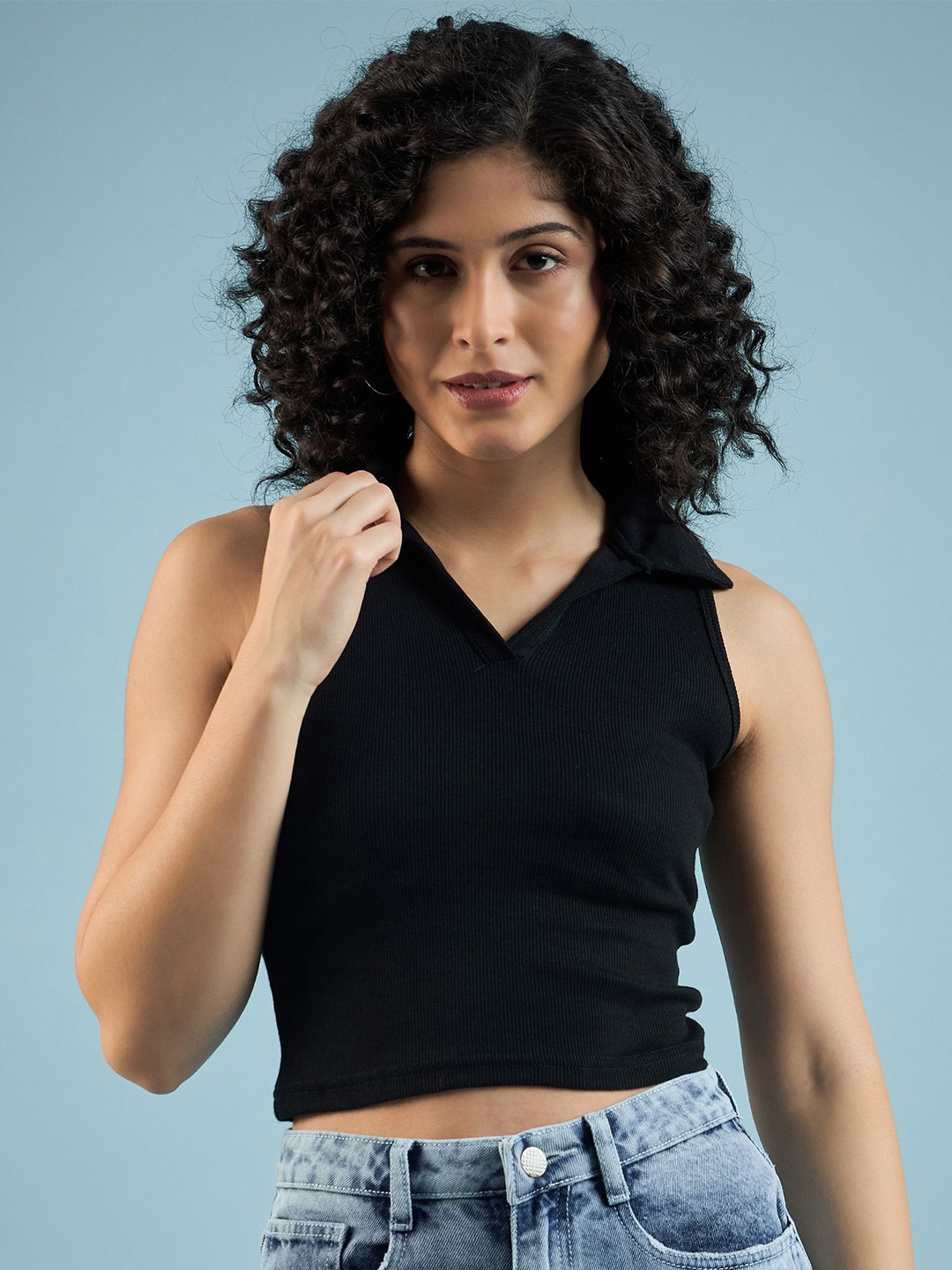 

DressBerry Women Ribbed Shirt Collar Cotton Fitted Crop Top, Black