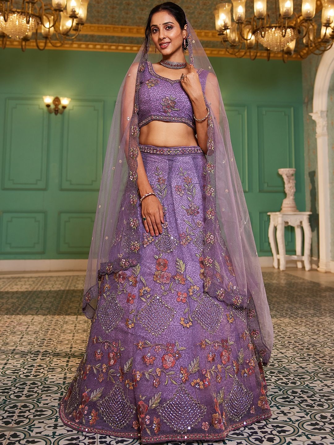 

panchhi Embroidered Sequinned Semi-Stitched Lehenga & Unstitched Blouse With Dupatta, Lavender