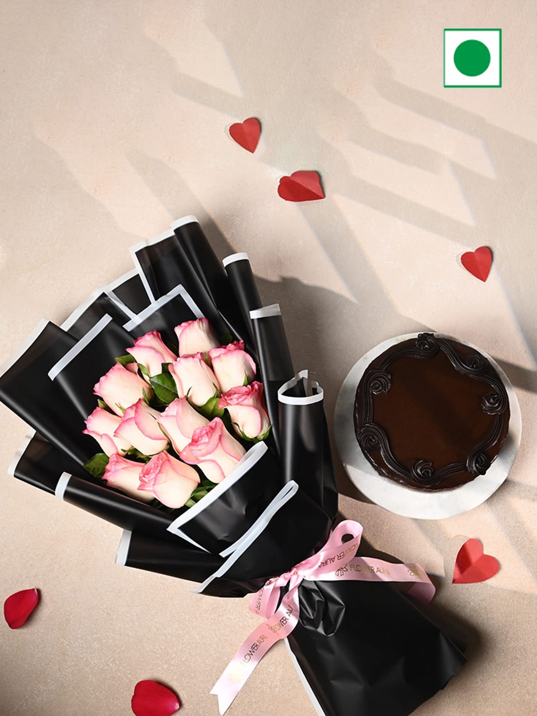 

Floweraura Chocolate Flavour Eggless Cake With 12 Live Pink Roses - 500g, Brown