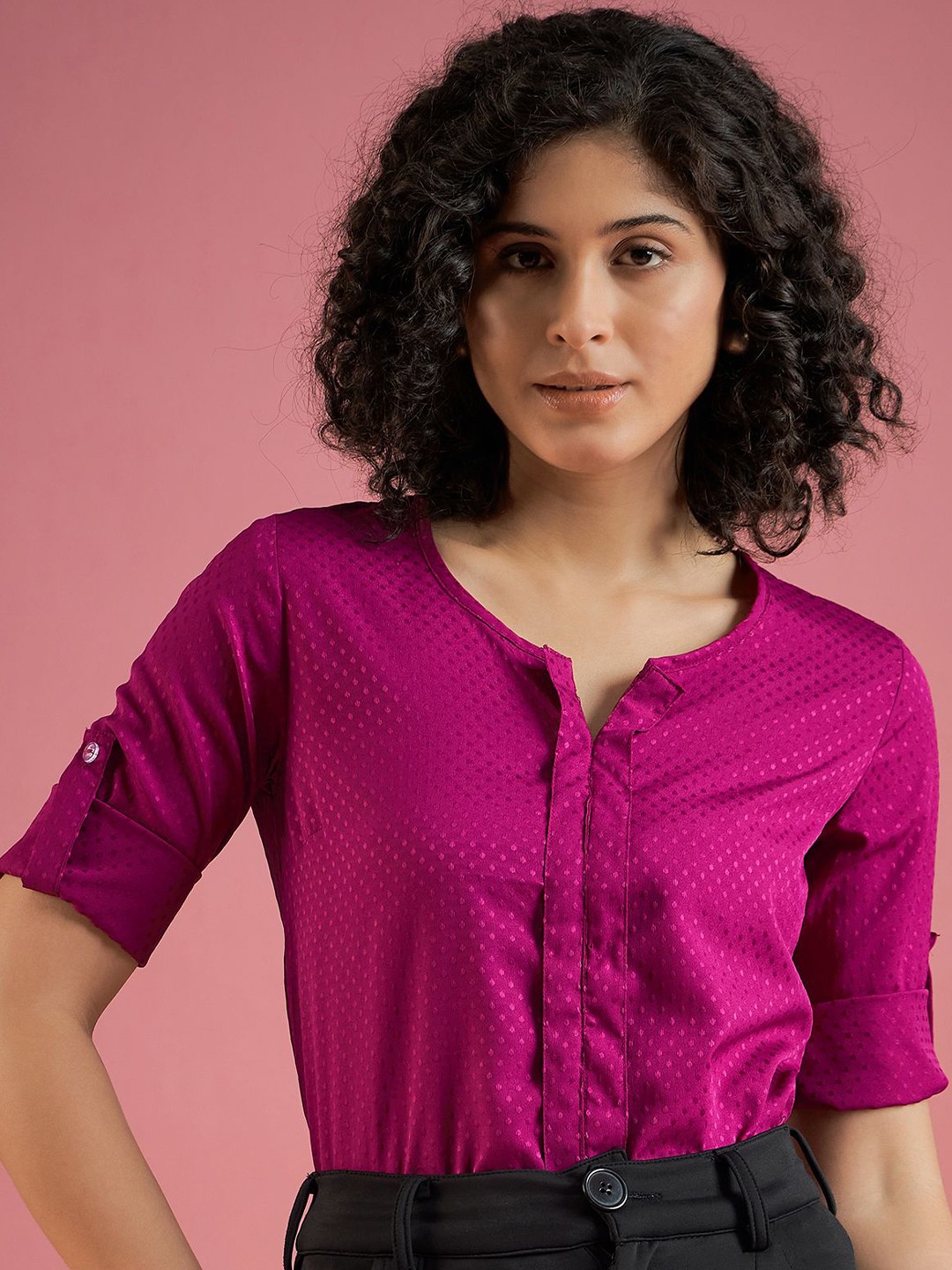 

DressBerry Women Roll-Up Sleeves Top, Fuchsia