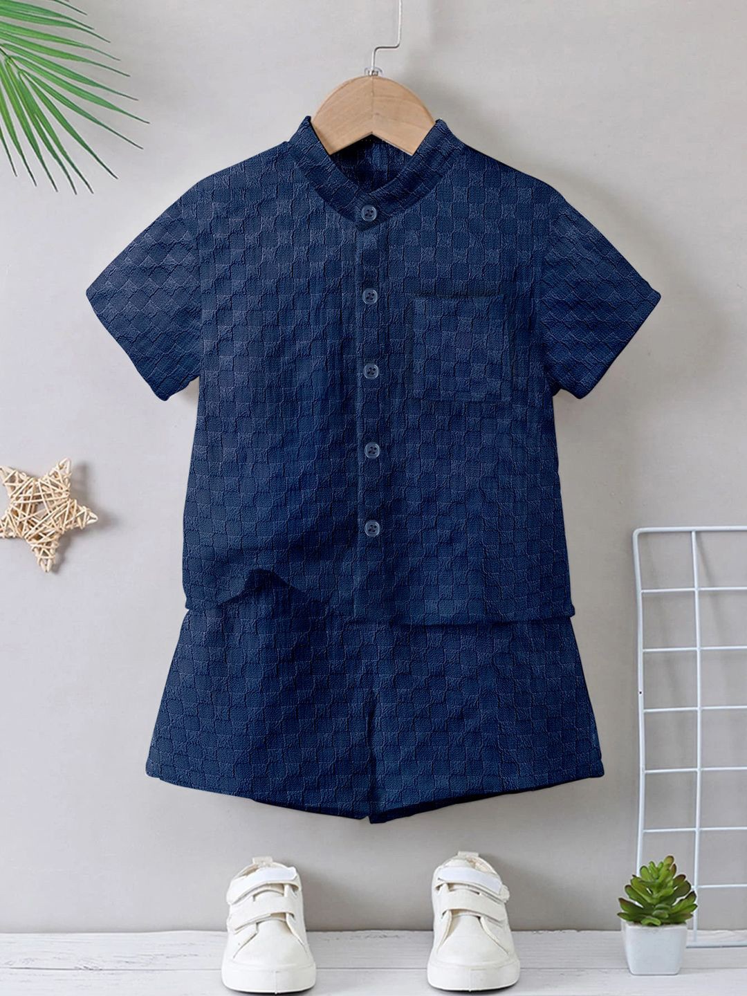 

YK Boys Mandarin Collar Shirt With Shorts Clothing Set, Navy blue