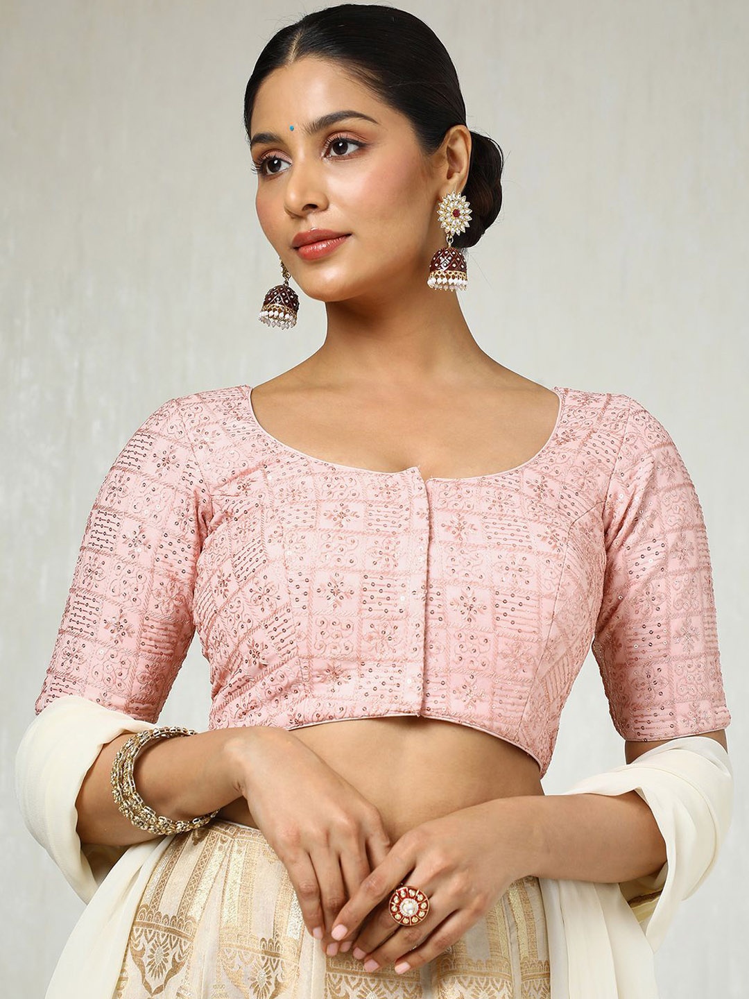 

Soch Embroidered Round Neck Padded Saree Blouse With Sequins, Pink