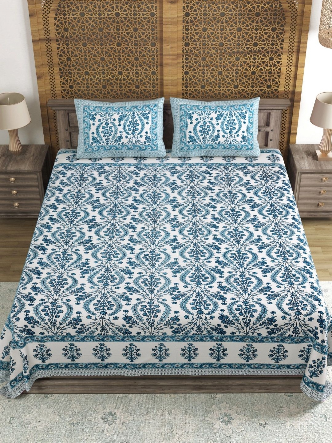 

Myntra Elegant Homes Blue Printed Cotton 144 TC King Bedsheet Set 2.18 m x 2.64 m
