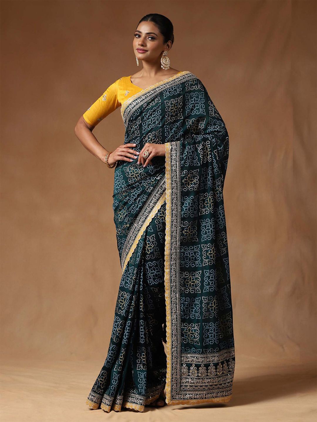 

Saree mall Bandhani Printed Sequinned Bandhani Saree, Teal