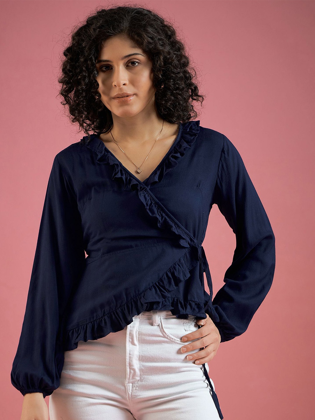 

DressBerry Women Puff Sleeves Ruffles Wrap Top, Navy blue