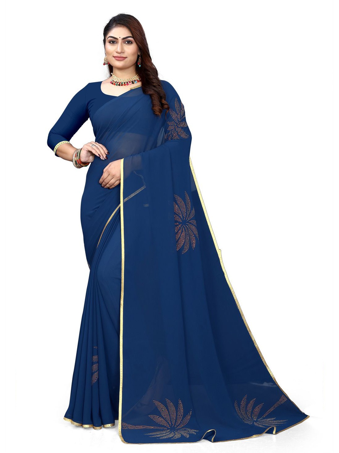 

Pemal Designer Beads and Stones Pure Georgette Saree, Turquoise blue