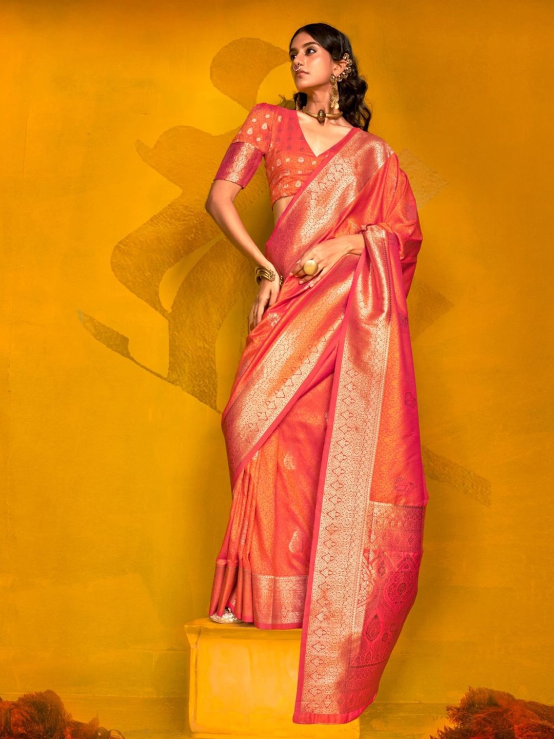 

PEENGAX Ethnic Motifs Woven Design Zari Pure Silk Banarasi Saree, Orange