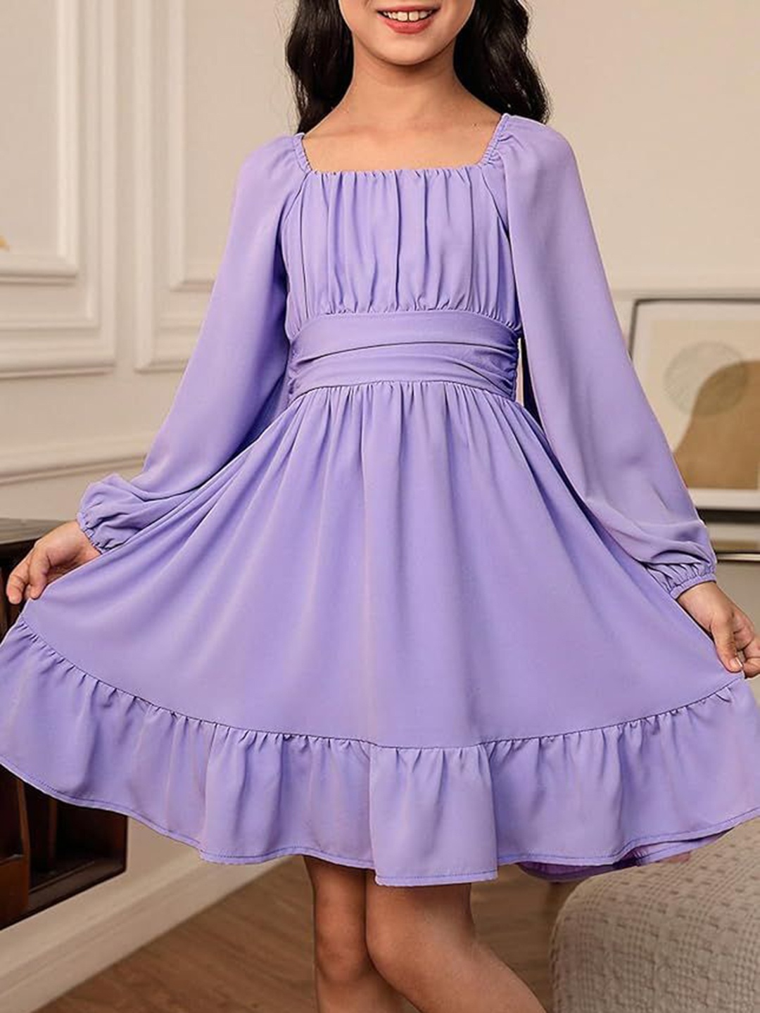 

R Cube Puff Sleeve Ruffled Crepe Fit & Flare Midi Dress, Purple