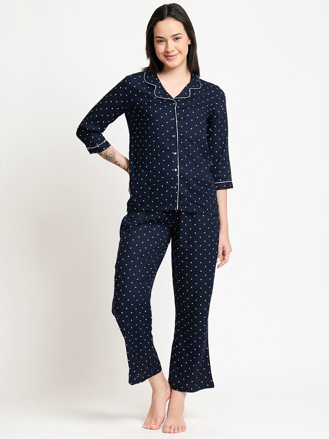 

June 9 Clothing Printed Shirt Collar Night Suit, Navy blue