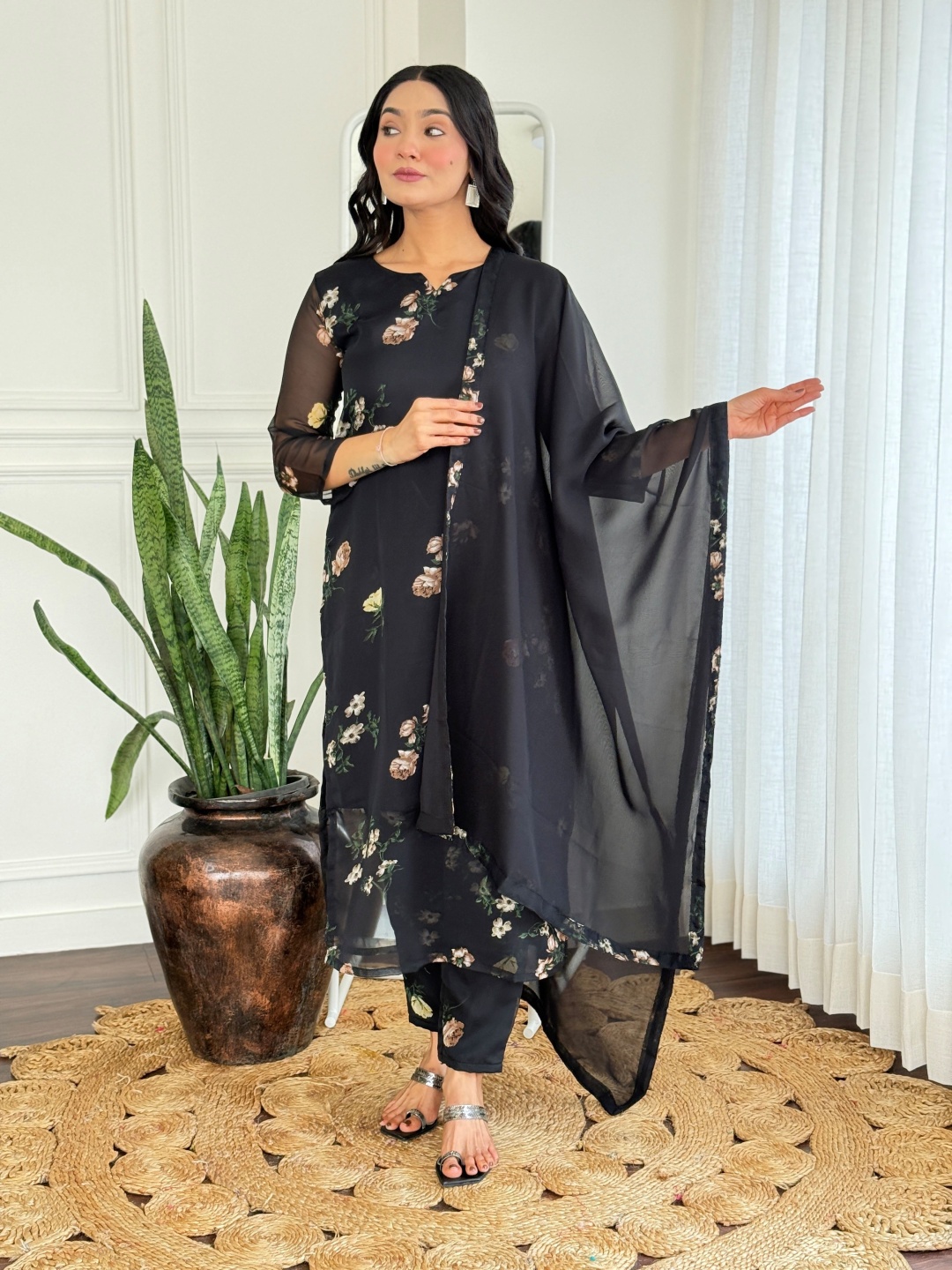 

KALINI Floral Printed Notch-Neck Straight Kurta With Trousers And Dupatta, Black