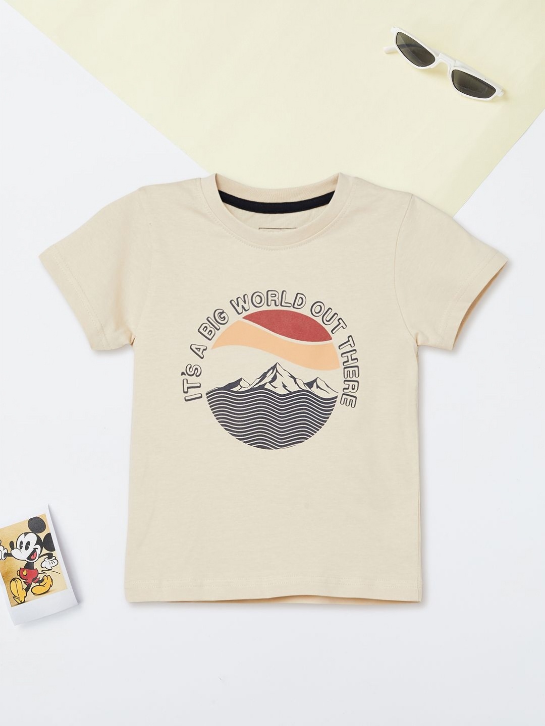 

max Boys Graphic Printed Round Neck Cotton T-shirt, Beige