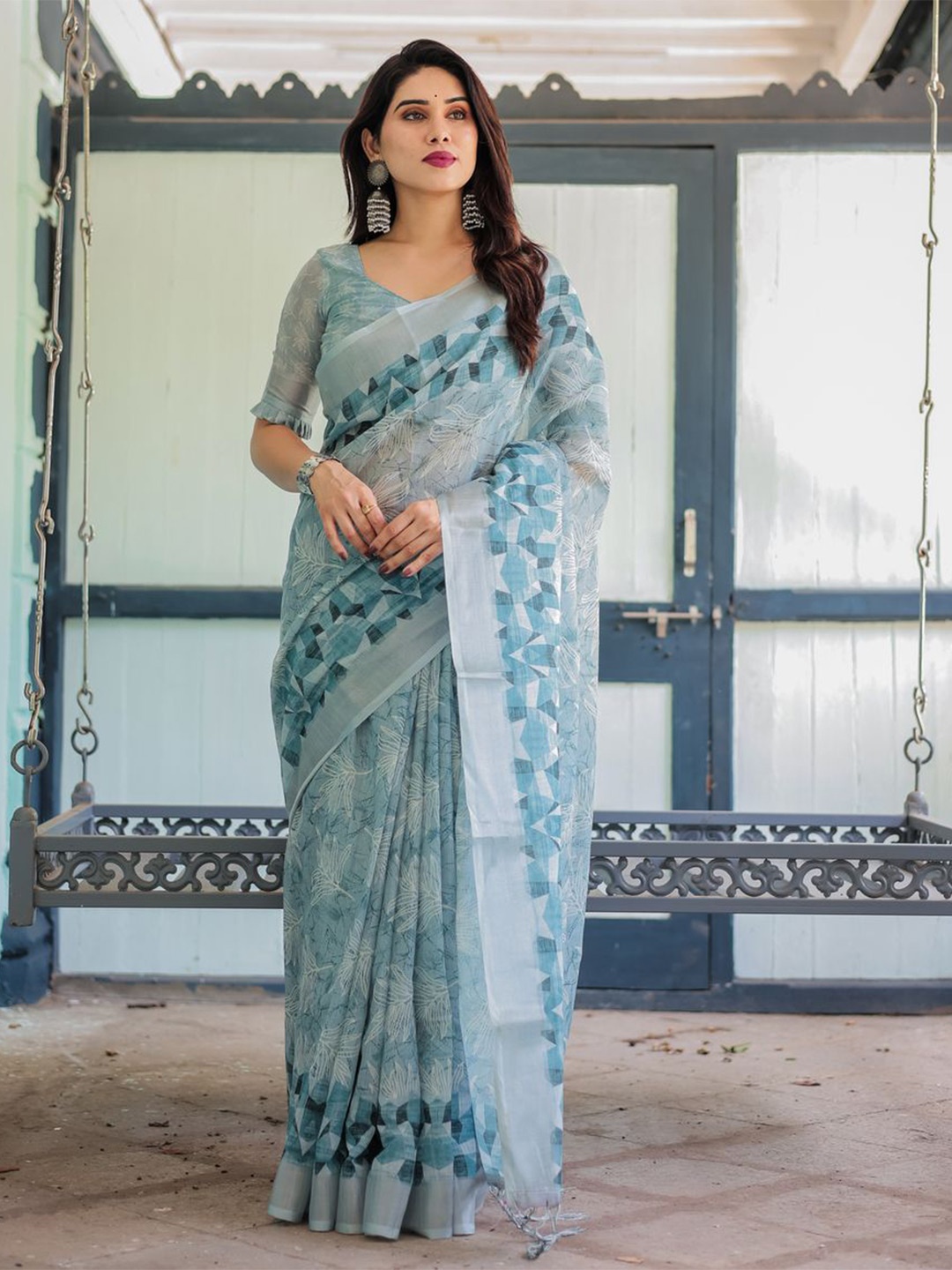 

ALMAARI FASHION Floral Pure Linen Banarasi Saree, Blue
