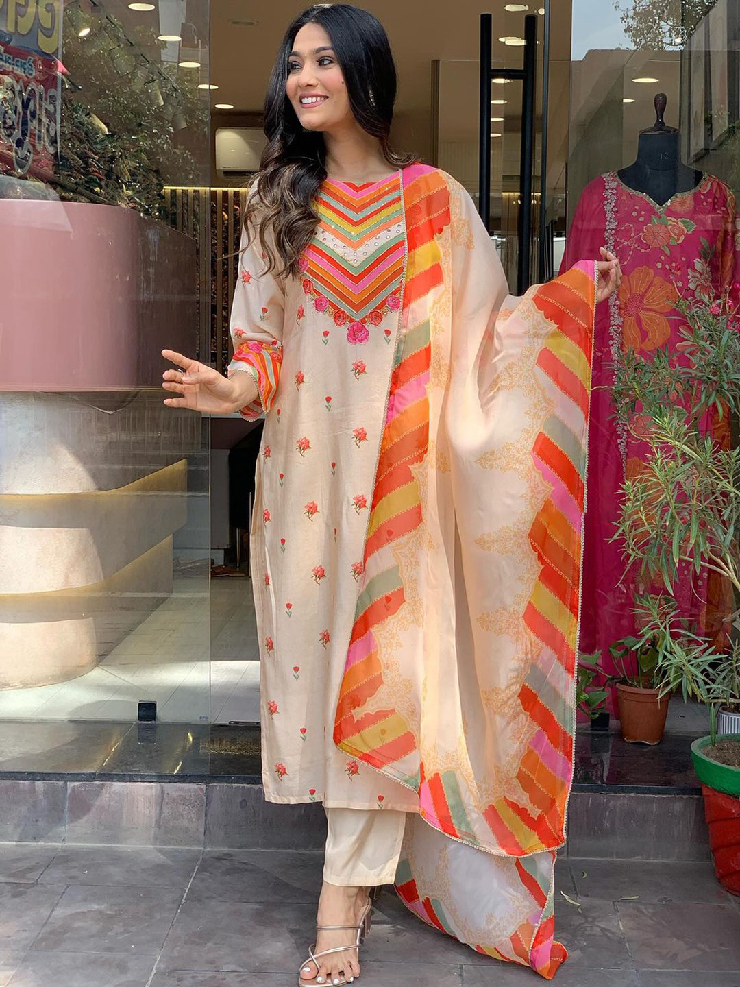 

choiceit Women Embroidered Regular Silk Crepe Kurti with Pyjamas & With Dupatta, Beige