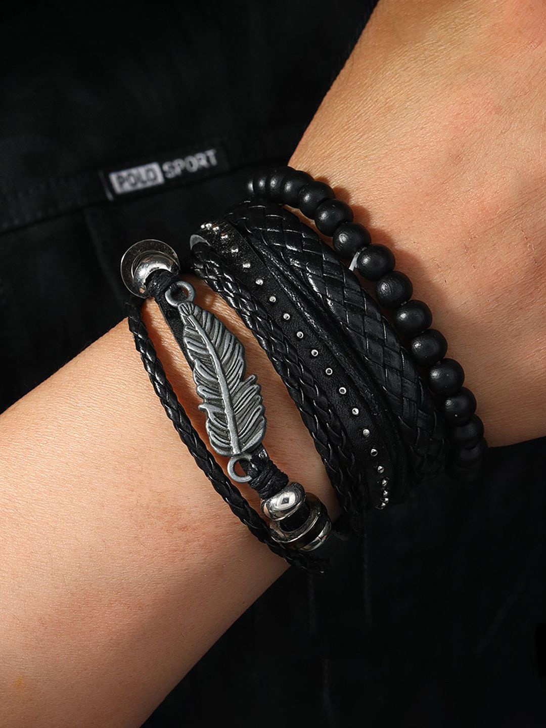 

Jewels Galaxy Men Set Of 4 Leather Artificial Beads Bracelet, Black