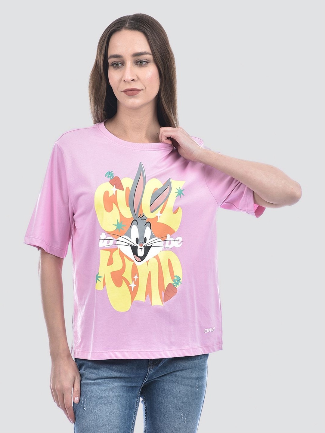 

ONLY Women Bugs Bunny Graphic Printed Round Neck Cotton Oversized T-shirt, Pink