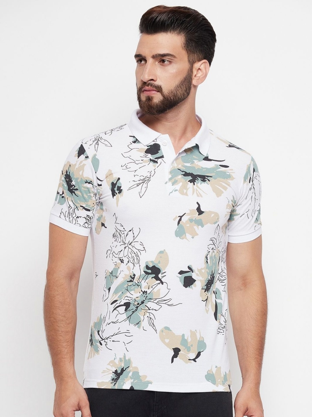 

MXN Men Floral Printed Polo Collar Cotton T-shirt, White