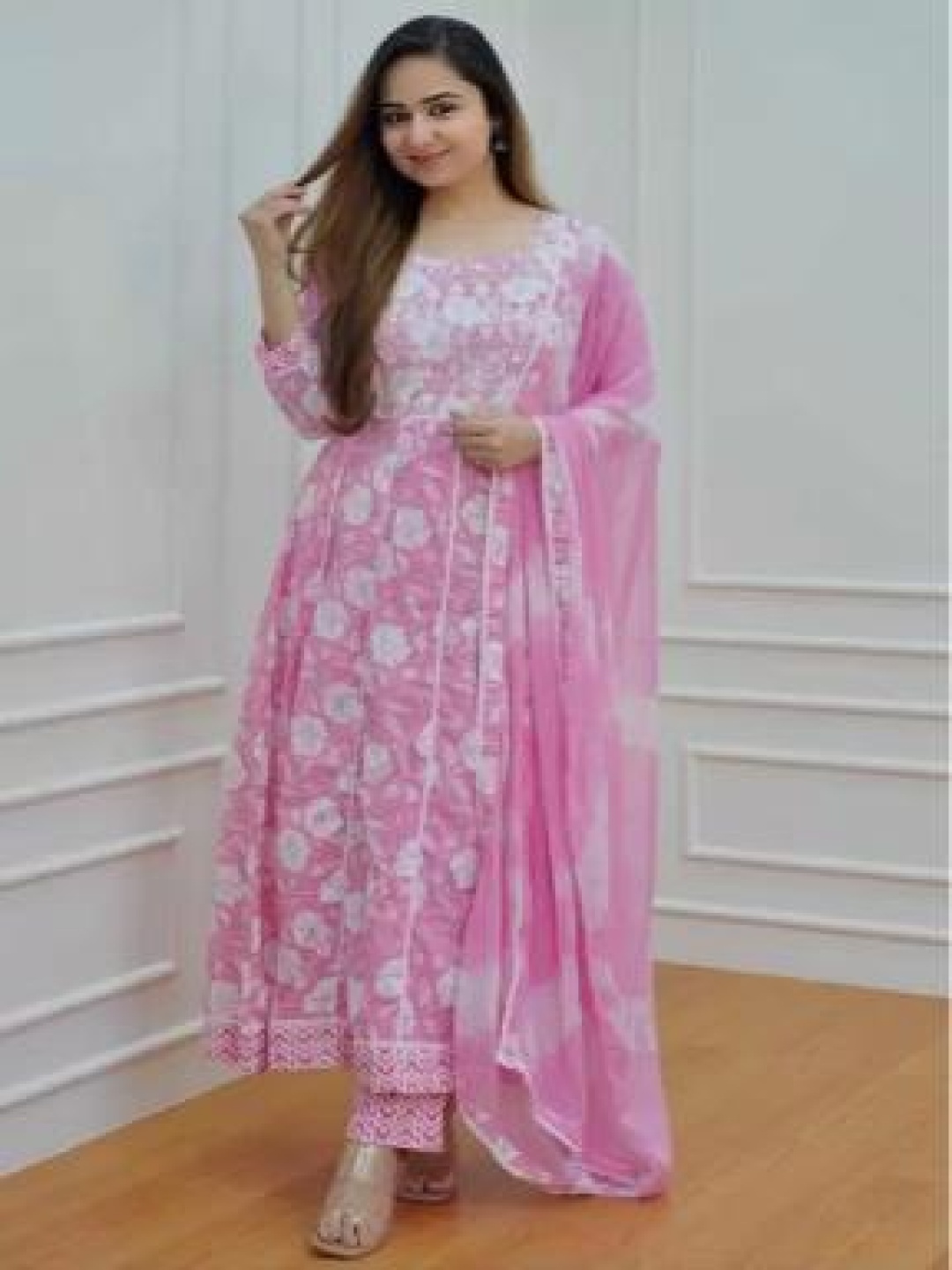 

Moda Rapido Floral Printed Round Neck Pure Cotton Anarkali Kurta with Trousers & Dupatta, Pink