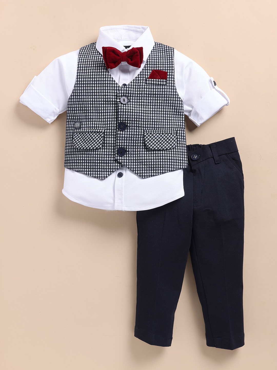 

LITTLE COLLARS Boys Checked 4-Pieces Suits Waistcoat And Trousers & Shirt & Bow Tie, Navy blue