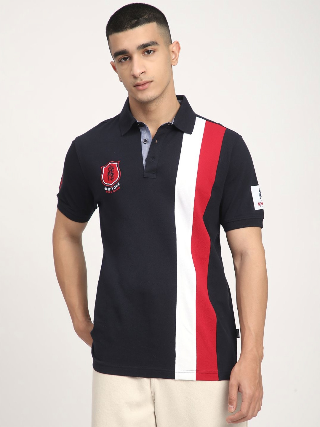 

R&B Men Striped Polo Collar Cotton T-shirt, Black