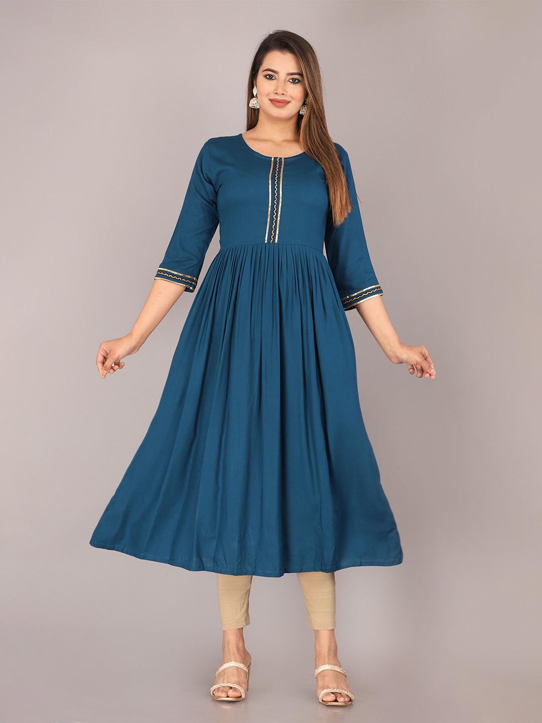 

Mahiras Comfort Gotta Patti Work Round Neck A-Line Kurta, Blue