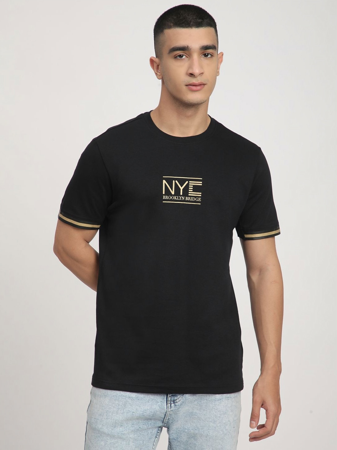 

R&B Men Typography Printed Round Neck Cotton T-shirt, Black