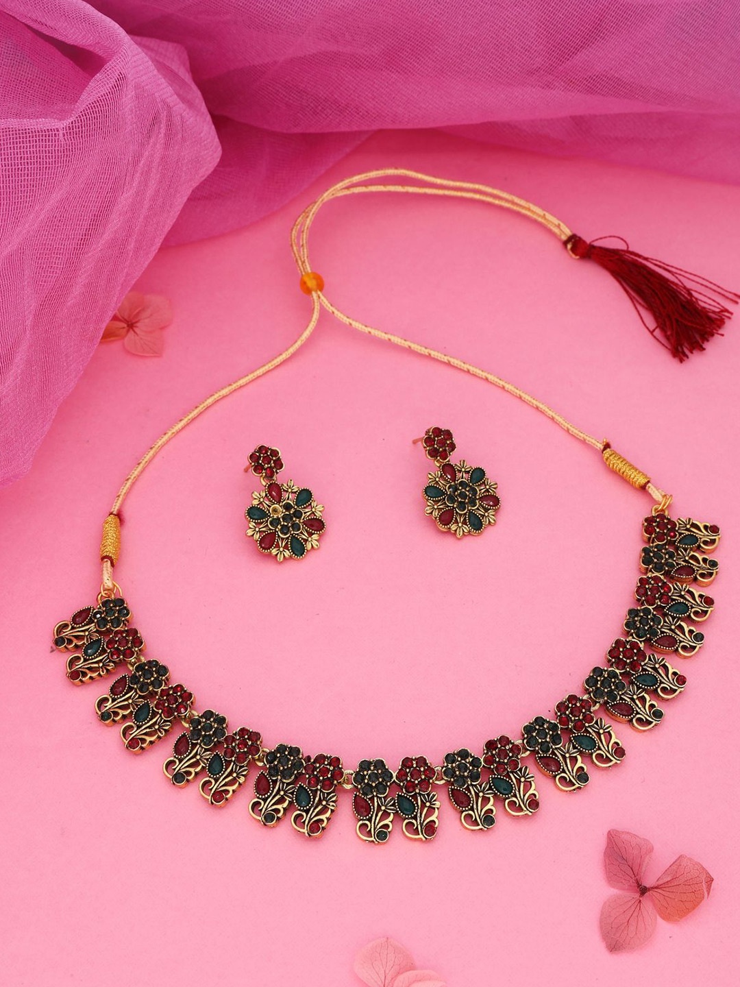 

DIVASTRI Set Of 2 Gold-Plated & Silver-Plated American Diamond-Studded Jewellery Set