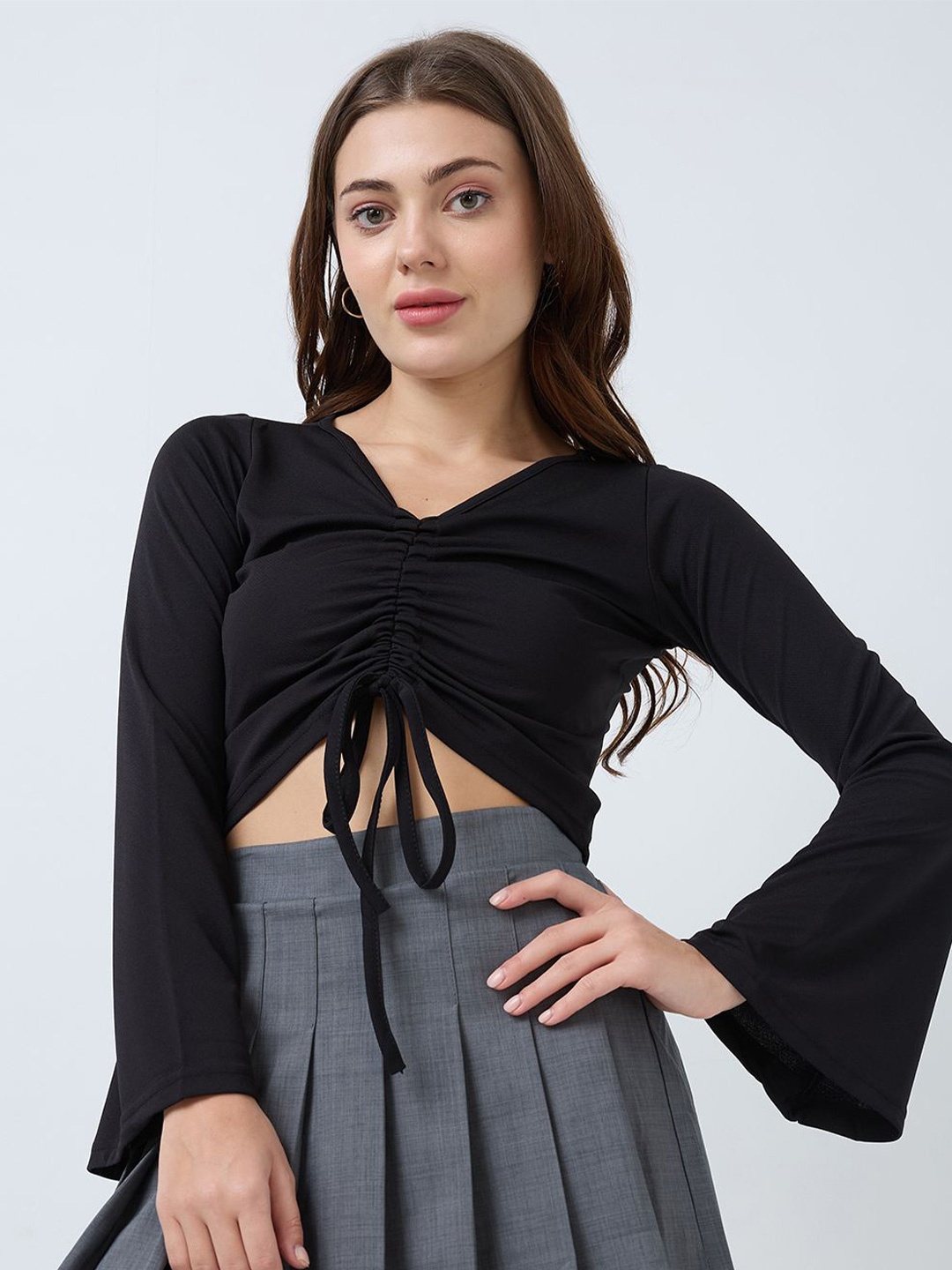 

SZN Women V-Neck Bell Sleeve Crop Top, Black