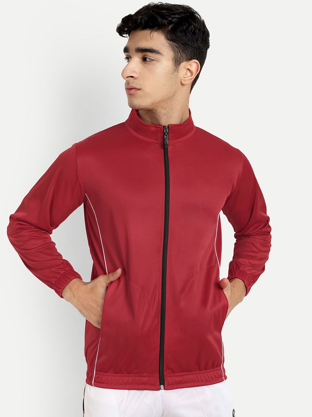 

Metronaut Men Mock Collar Solid Sports Lightweight Bomber Jacket, Red