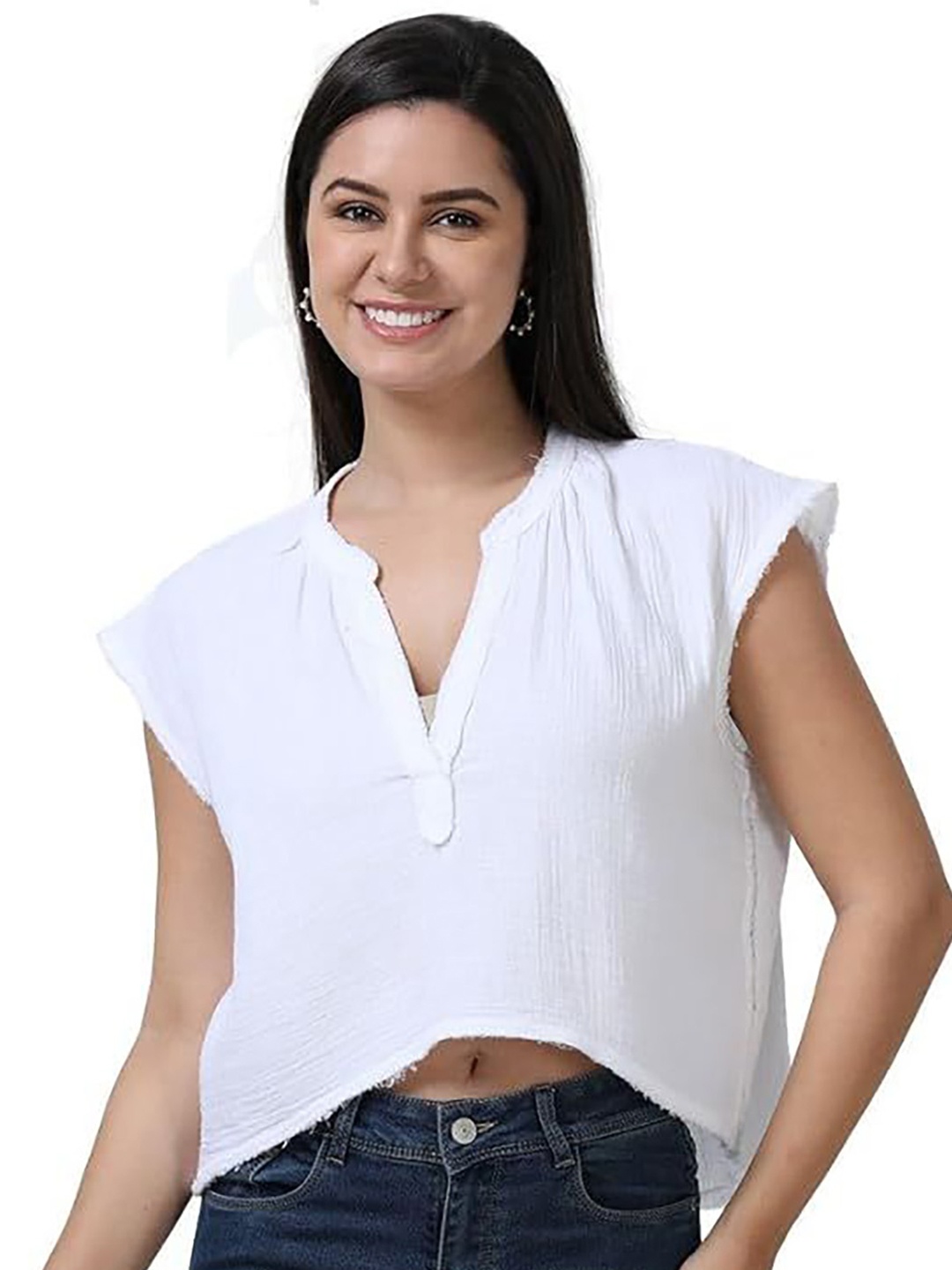 

GLAM & CHIQUE Mandarin Collar Cotton Crop Top, White