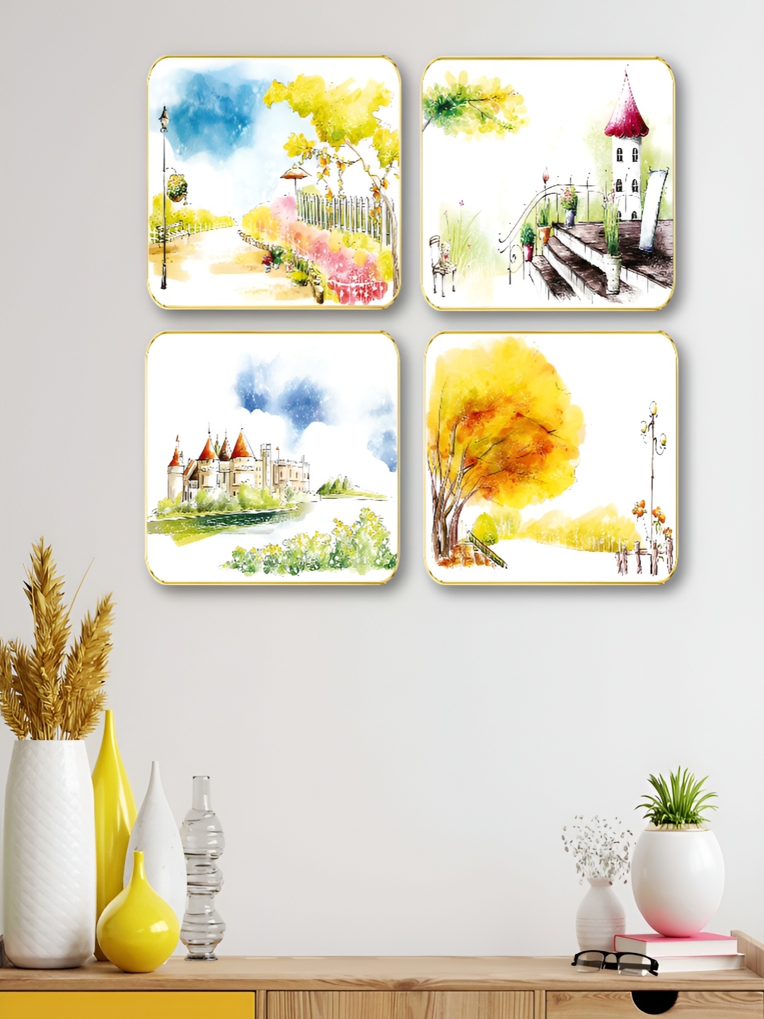 

Myntra Elegant Homes Yellow 4 Pieces Watercolour Floral And Botanical Wood Wall Art, Blue