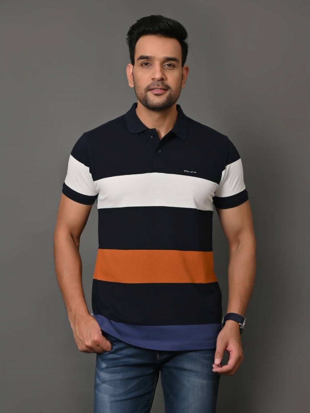 

ARBOUR Men Striped Polo Collar Cotton Slim Fit T-shirt, Black