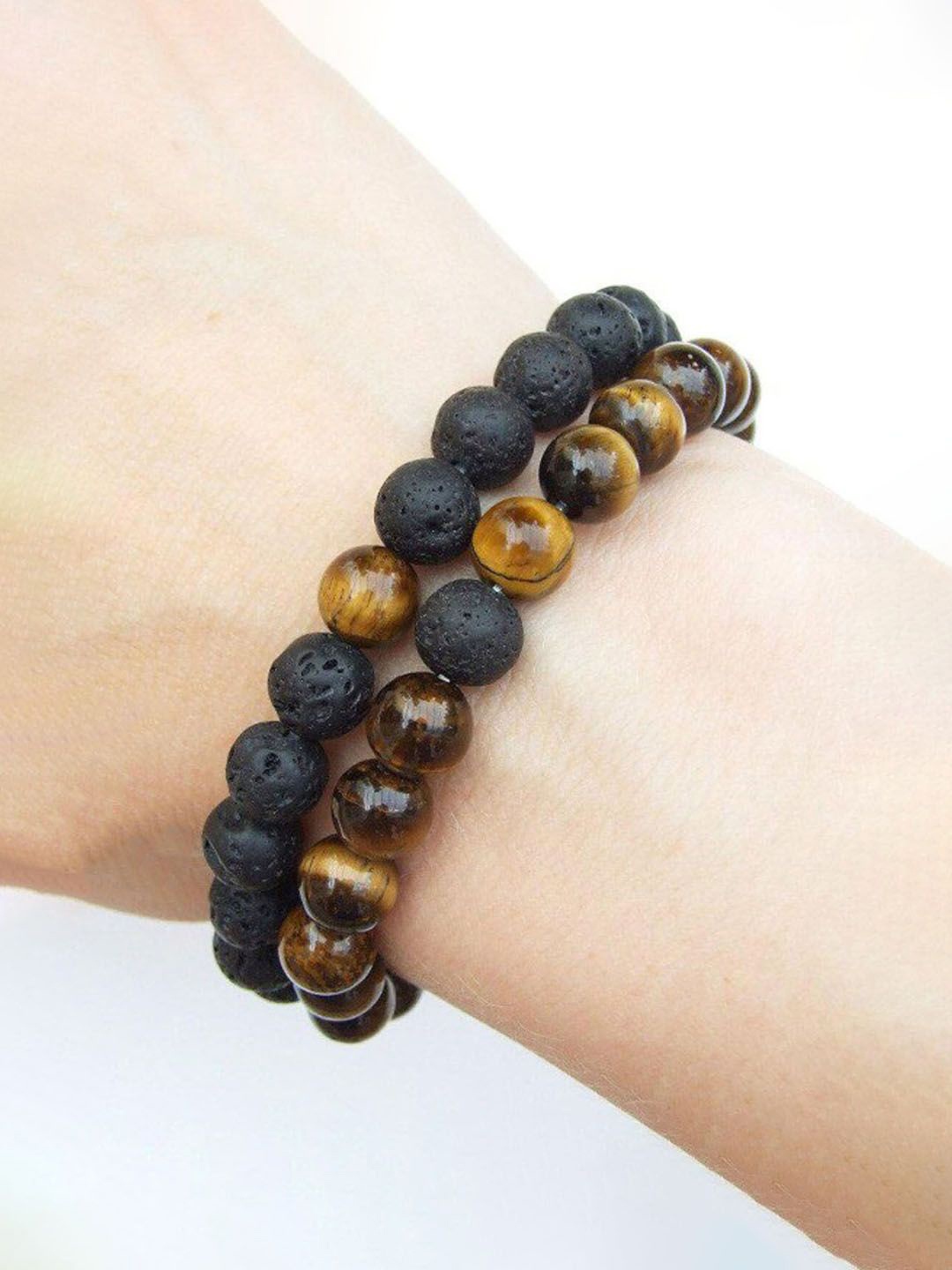 

Jewels Galaxy Men Set Of 2 Artificial Beaded Elasticated Tiger Eye Bracelet, Black