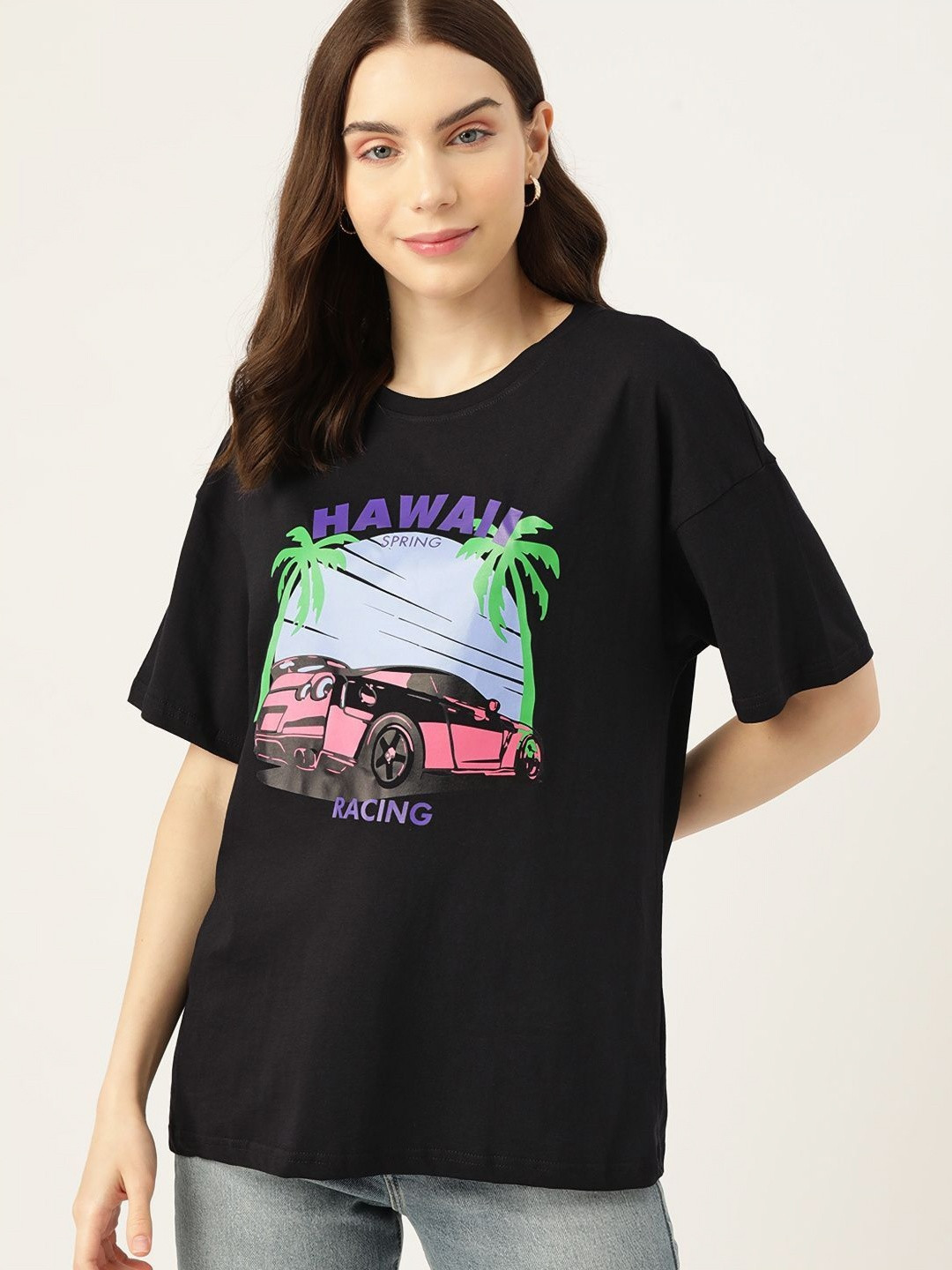 

DressBerry Women Graphic Printed Round Neck Cotton Oversized T-shirt, Black